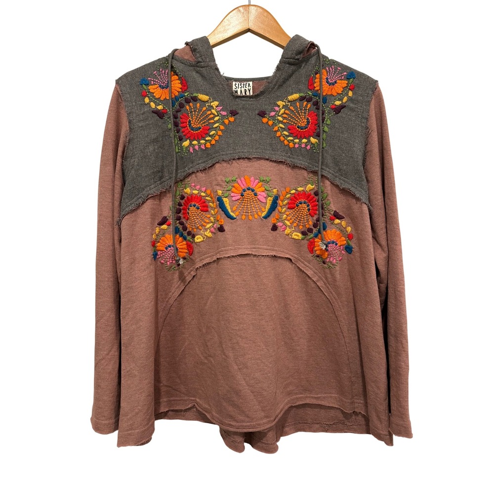 Sister Mary Medium Embroidered Floral Boho Oversized Hoodie Mauve Grey Raw Hem